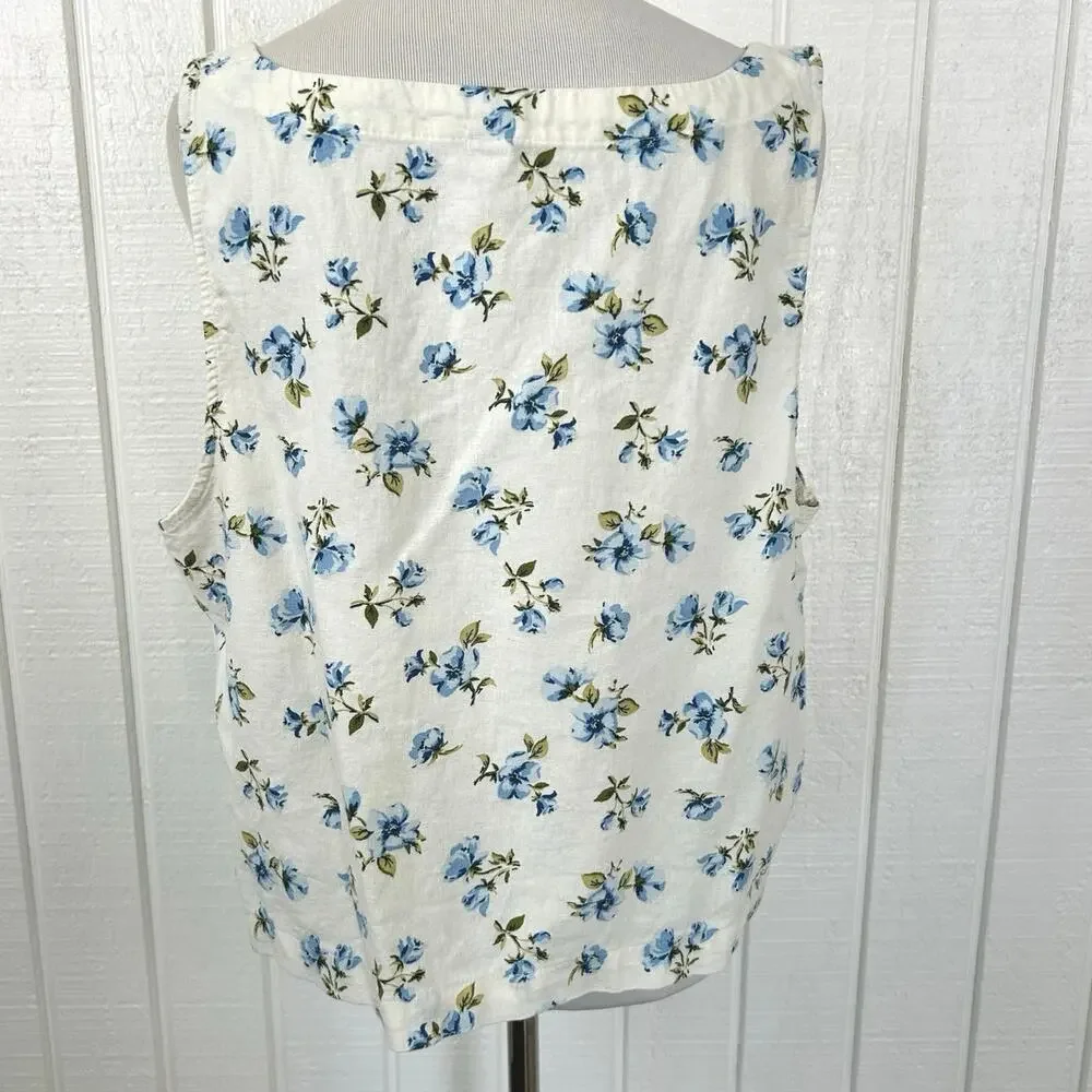 Old Navy Floral Tank Top Blue White Linen Blend Sleeveless Summer XL - Picture 4 of 6